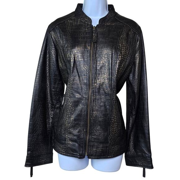 Peck & Peck Metallic Leather Jacket Crocodile Pattern Zipper Lined Women's L - Picture 1 of 6